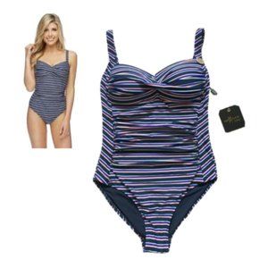 NIP TUCK Striped One-Piece Swimsuit WOMENS 6 Navy Blue Red White MultiFit Cup